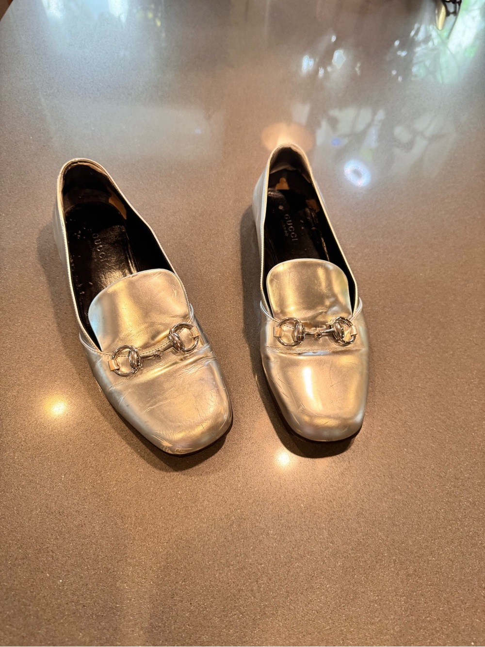Gucci Metallic Silver Leather Horsebit Loafers - Women's - sz 7